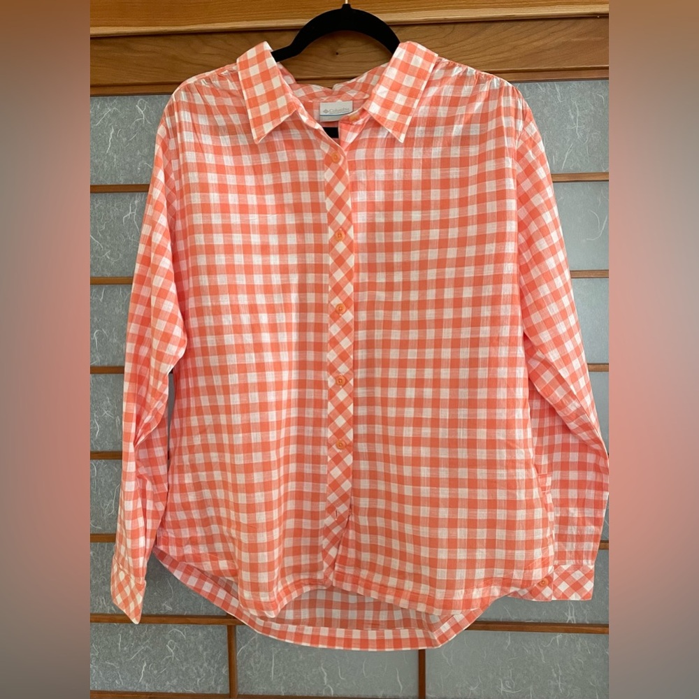 Columbia Women's Orange and White Checkered Blouse, Size XL
